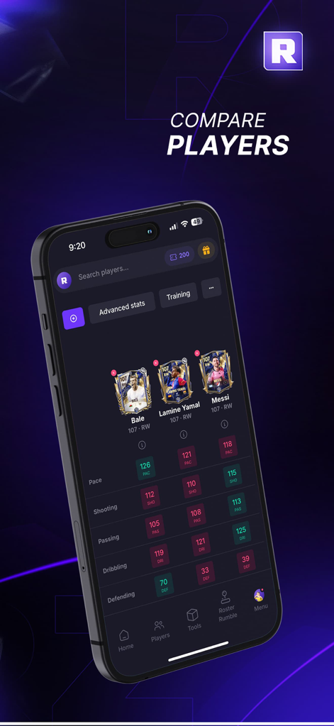 RenderZ: FC Mobile 25 Database - Ein mobiler Bildschirm, der das RenderZ App-Vergleichstool mit Statistiken für die Fußballspieler Bale Lamine Yamal und Messi zeigt