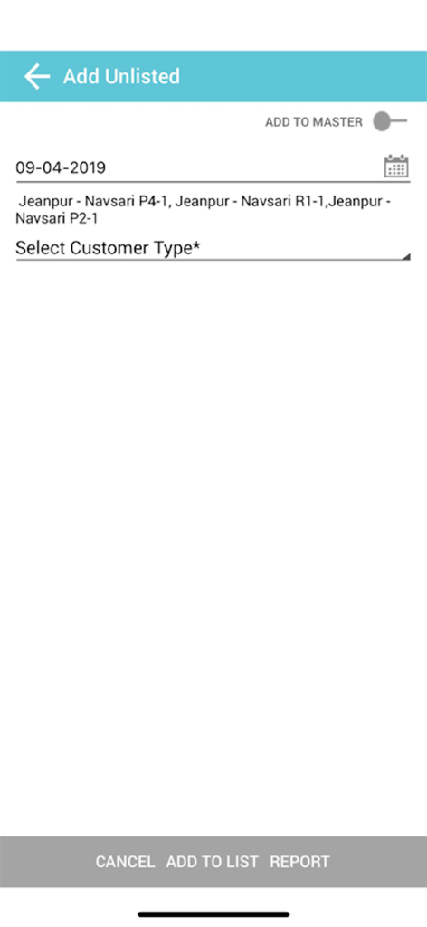 Phyzii Mobile 2.3 - Interface of Phyzii Mobile app showing the screen to add an unlisted customer or report a field activity