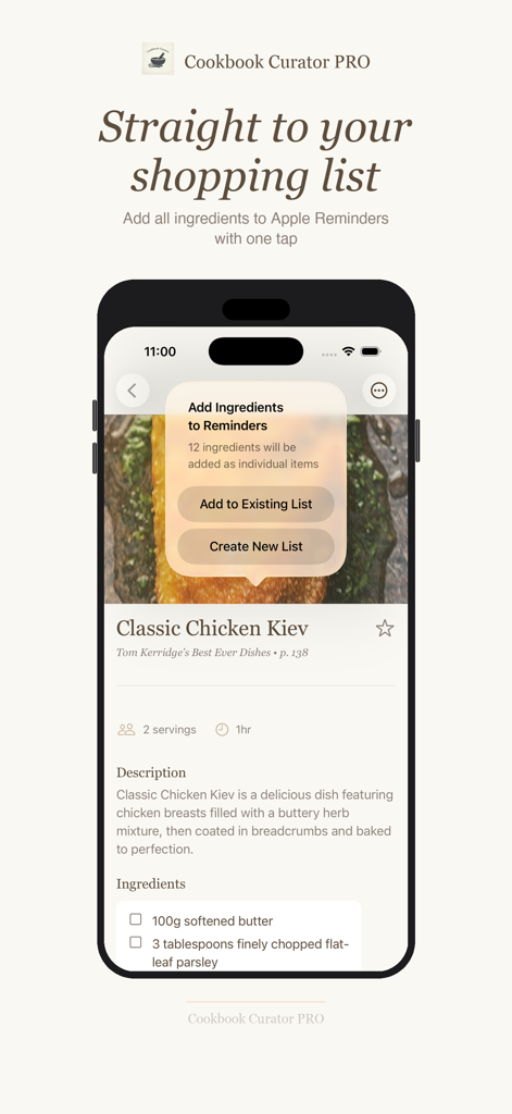 Cookbook Curator PRO - Interface of Cookbook Curator PRO app adding recipe ingredients to Apple Reminders shopping list.