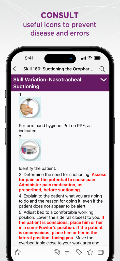 Taylor's Nursing Skills - Step-by-step clinical nursing instructions for nasotracheal suctioning on a mobile app interface