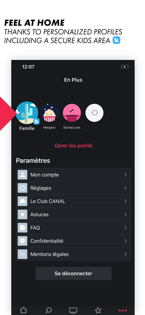 CANAL plus app interface displaying personalized user profiles and account settings menu