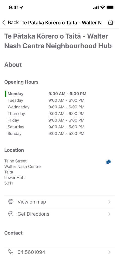 Hutt City Libraries - Hutt City Libraries app screen showing branch location and opening hours