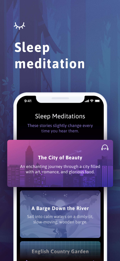 Screenshot of Sleep app showing meditation stories and bedtime themes