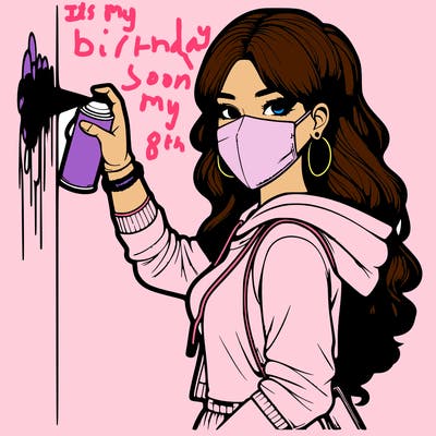 realistic girl with mask spray painting a wall