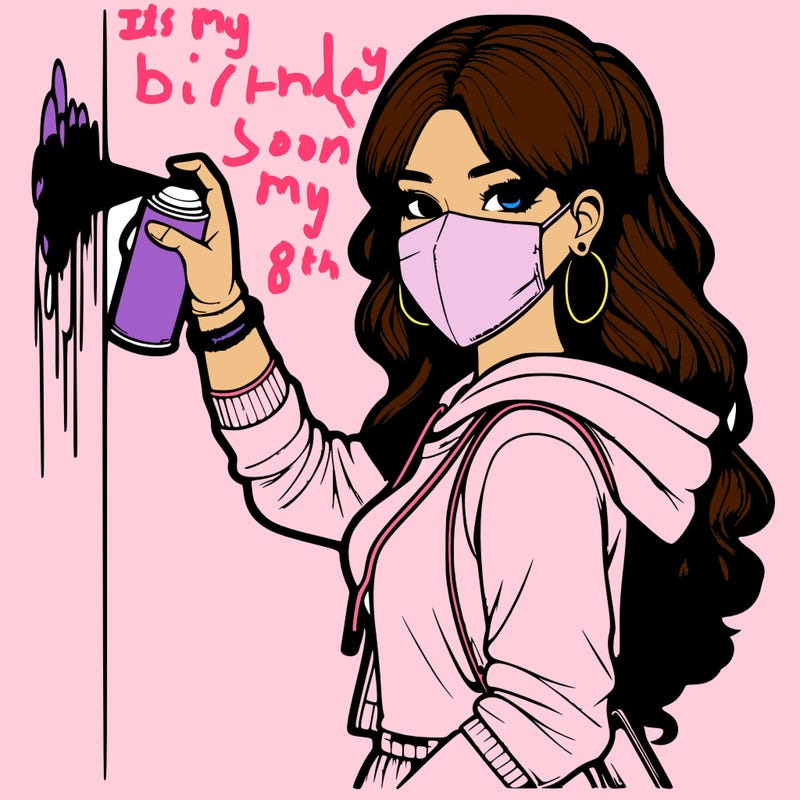 realistic girl with mask spray painting a wall