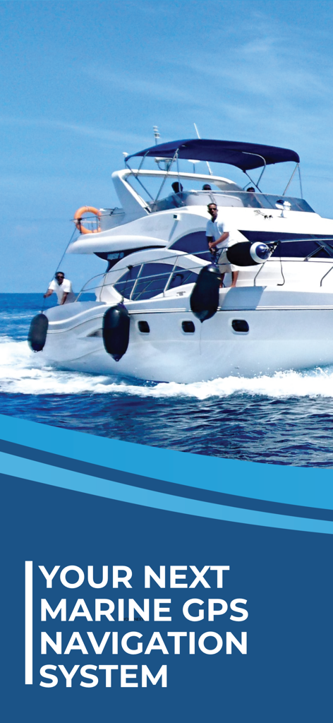 Aqua Map Boating - Luxury motor yacht cruising on blue water with marine GPS navigation system text