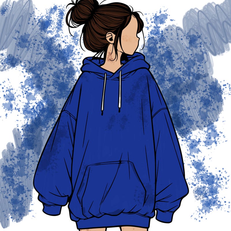 realistic girl with a oversized sweatshirt on and a bun