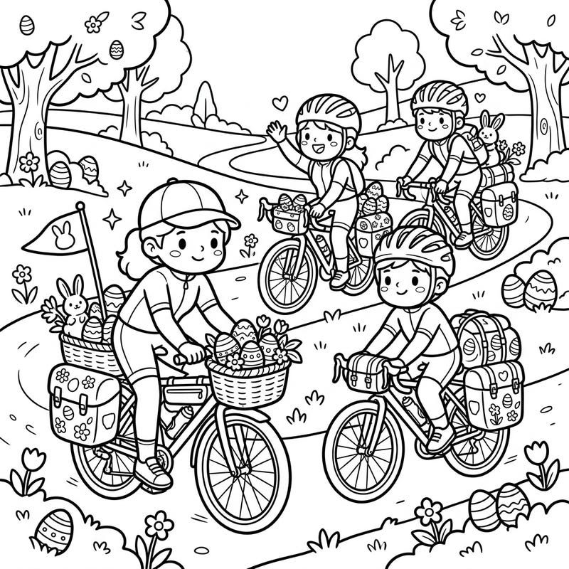 Embark on an enchanting journey with our Easter Touring Cyclists coloring page, featuring happy riders adorned with festive eggs and adorable bunnies. This delightful scene perfectly blends the joy of cycling with the spirit of springtime celebration, ready for your creative touch.