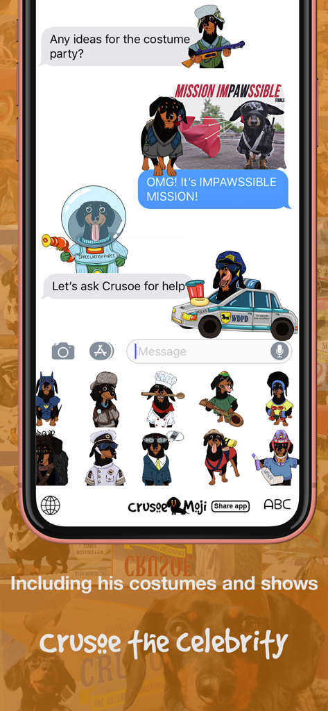 CrusoeMoji - Dachshund sticker - Adesivos e emojis de dachshund com o famoso cachorro Crusoe em fantasias