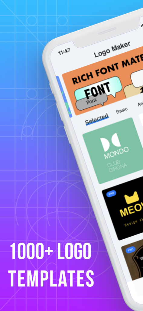A mobile phone screen displaying the Logo Maker app interface with several professional logo templates.