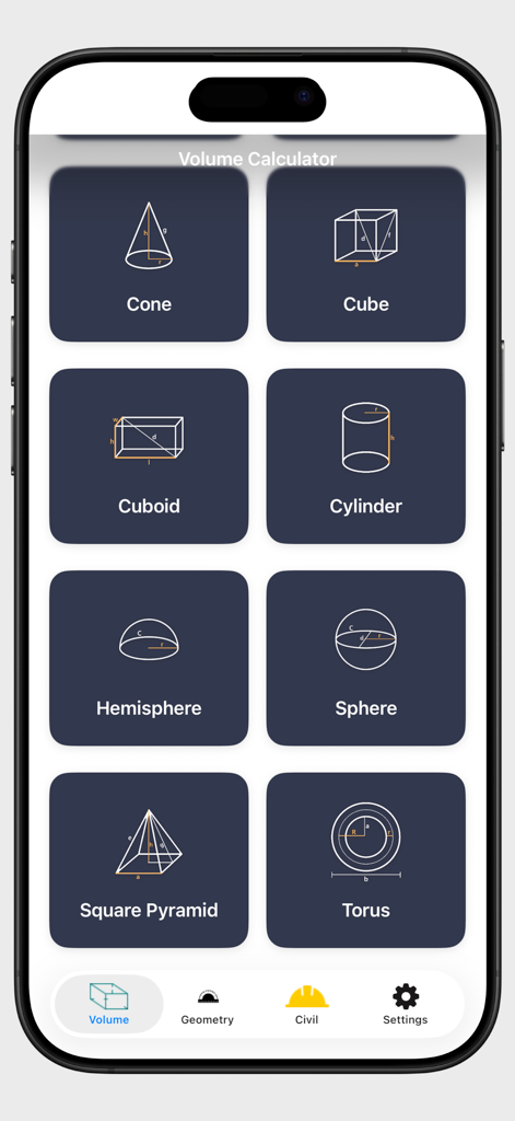 Volume Calculator 3D - Screenshot of the Volume Calculator 3D app menu displaying a grid of geometric shapes including cone cube and sphere
