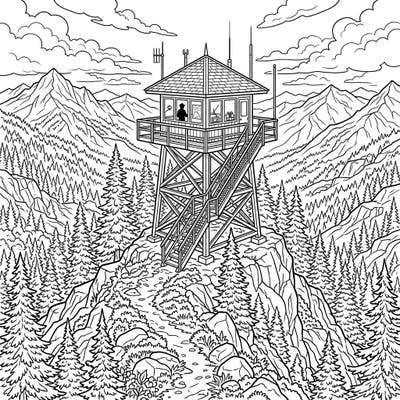 Ascend to new creative heights with this detailed fire lookout tower coloring page, nestled high among majestic mountains and a dense pine forest. It's an ideal choice for those who love nature, adventure, and the serene beauty of the wilderness.