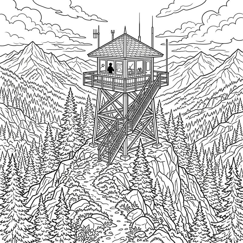Ascend to new creative heights with this detailed fire lookout tower coloring page, nestled high among majestic mountains and a dense pine forest. It's an ideal choice for those who love nature, adventure, and the serene beauty of the wilderness.