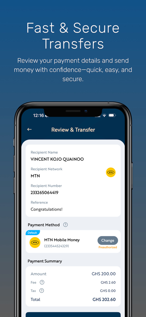 Screenshot of Transflow Mobile app showing a transaction summary for a mobile money transfer.