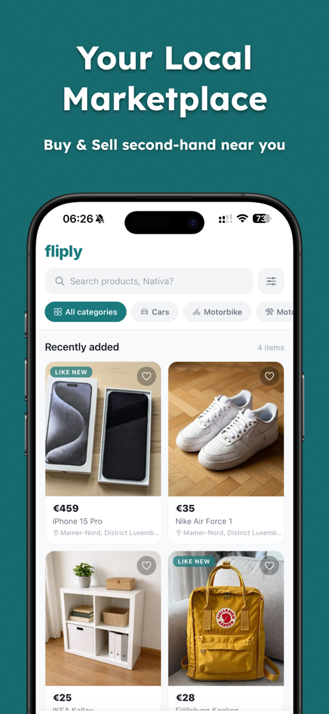 Pantalla de smartphone mostrando el marketplace local Fliply con artículos de segunda mano a la venta como un teléfono y zapatos