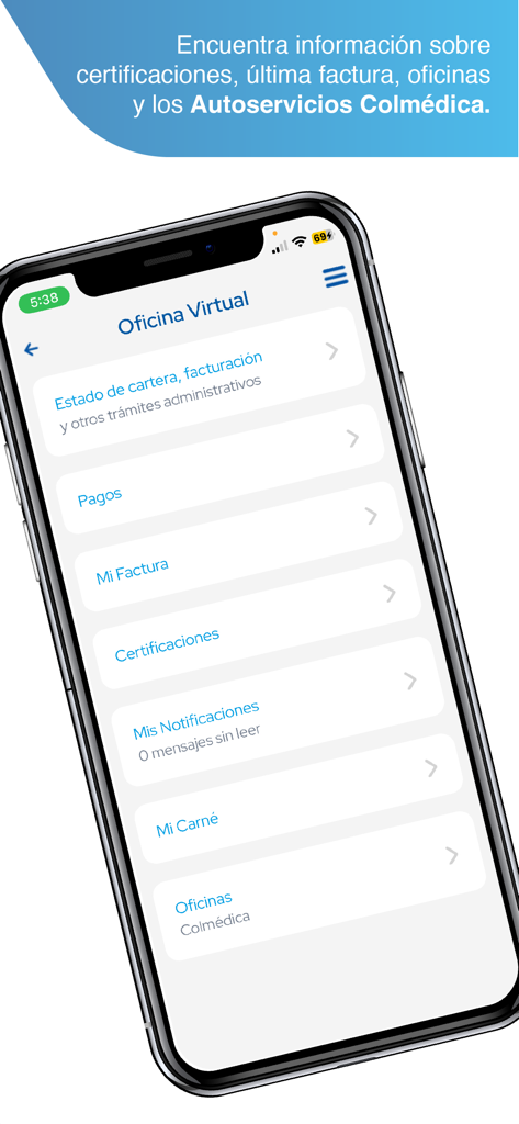 Colmédica - Colmedica mobile app virtual office screen displaying options for billing payments and certifications