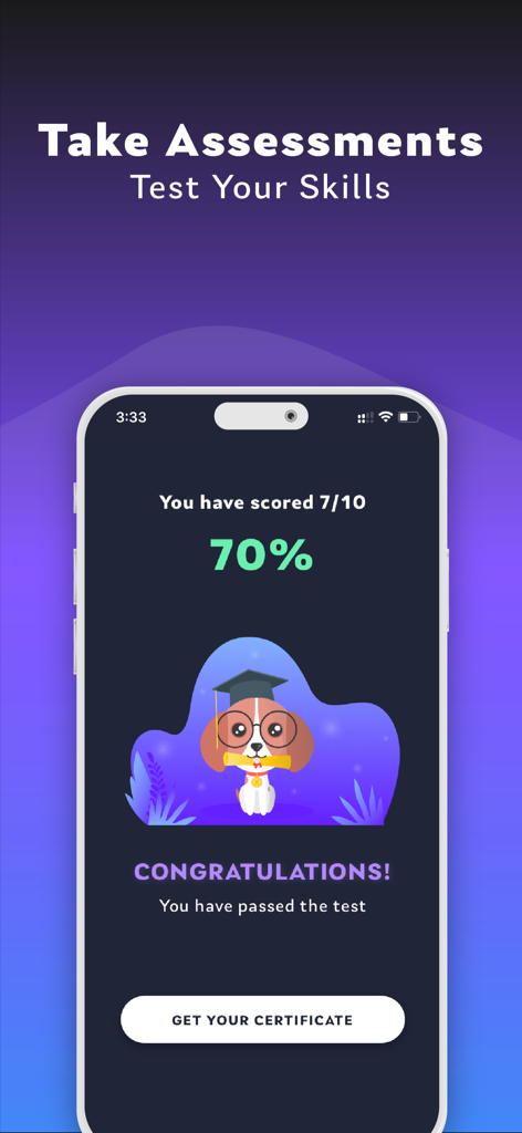 Coding X app assessment results screen showing a seventy percent score and a congratulations message with an option to get a certificate