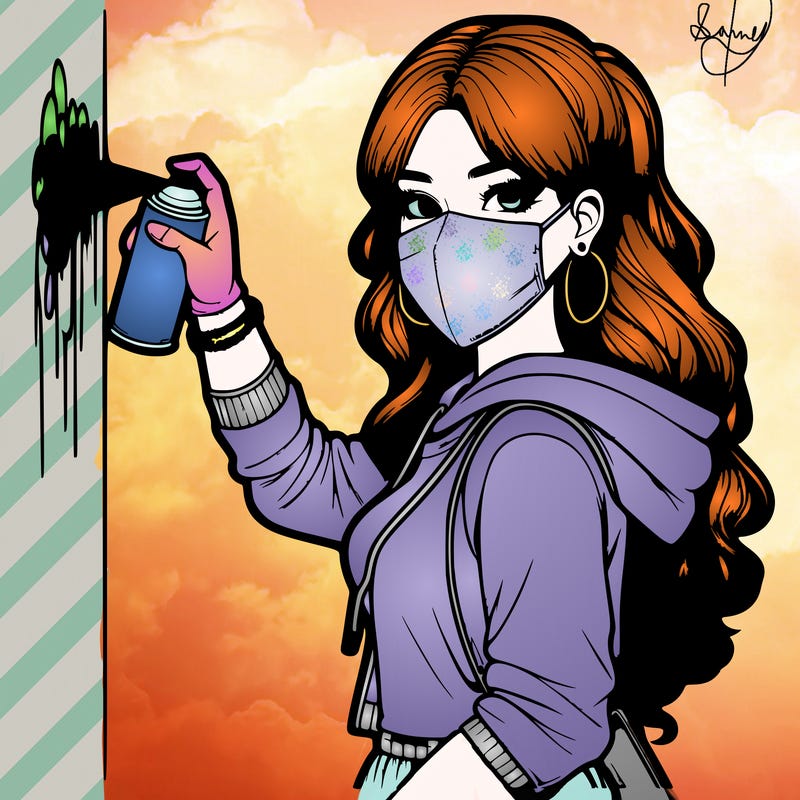 realistic girl with mask spray painting a wall