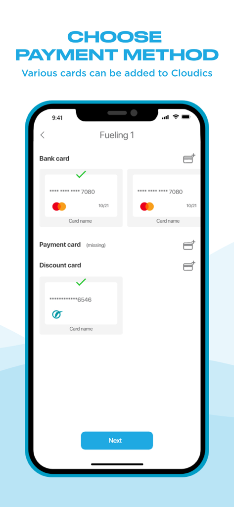 Cloudics - Cloudicsアプリの支払い方法画面、銀行カードと割引カードのオプションを表示