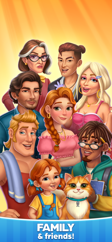 Distribution diversifiée de personnages et un chat du jeu Journey Home Merge and Stories