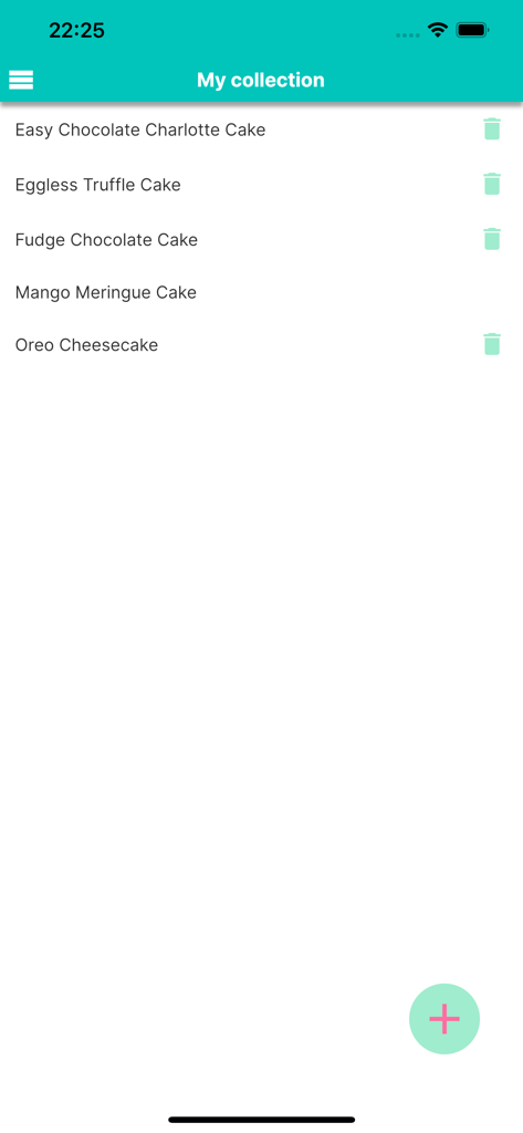 A list of saved cake recipes in the My Collection screen of the Cakeulator app.