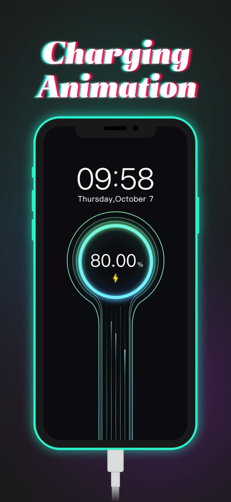 Charging Show - Cool Play ! - 80% 배터리 잔량과 함께 네온 녹색 충전 애니메이션을 표시하는 아이폰 화면.