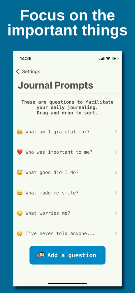 My Daily Diary ‎ - Interfaz de la aplicación Mi Diario Personal que muestra indicaciones de diario personalizables como gratitud y seguimiento del estado de ánimo