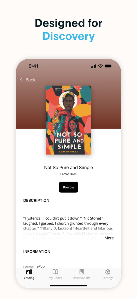 The Palace Project - Una pantalla de detalles de libro en la aplicación The Palace Project con el botón de préstamo y la descripción de una novela.