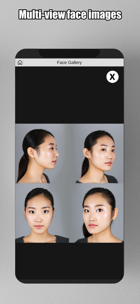 Face Model -posable human head - A screenshot showing four different angles of an Asian womans face for drawing reference in the Face Model app