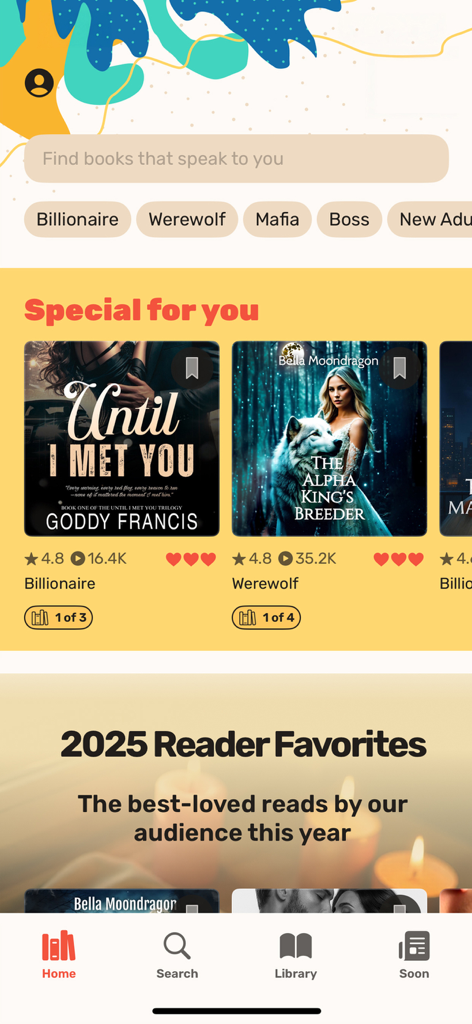Amora: Novels & Audiobooks - Home screen of the Amora app displaying romance book categories and recommended novels