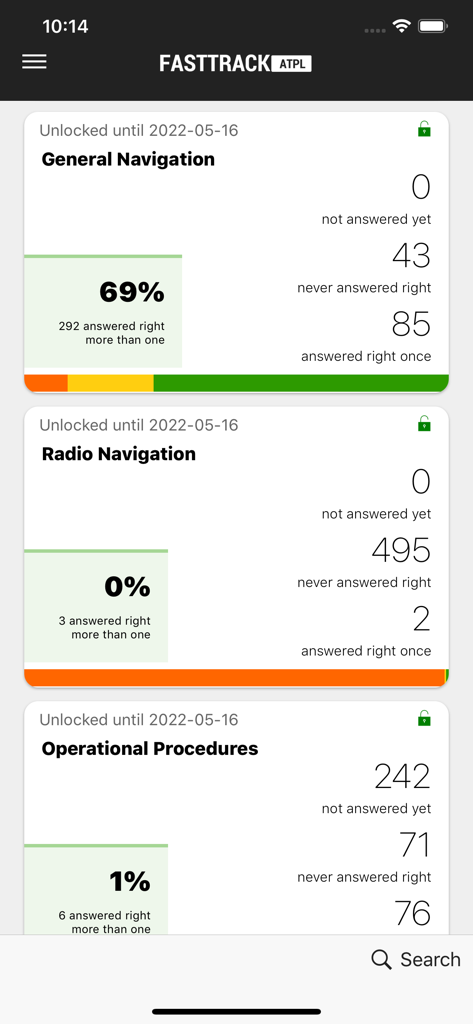 Fasttrack ATPL - Pilot Exams - Fasttrack ATPL pilot exam app interface showing detailed progress statistics for general navigation and radio navigation subjects