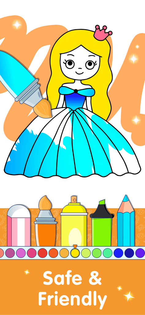 Drawing App Kids Coloring Book - Interfaz de libro de colorear digital para niños que muestra un dibujo de princesa con varias herramientas de arte y una etiqueta segura y amigable