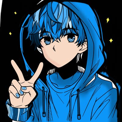 teenage manga boy in a hoodie, doing ✌