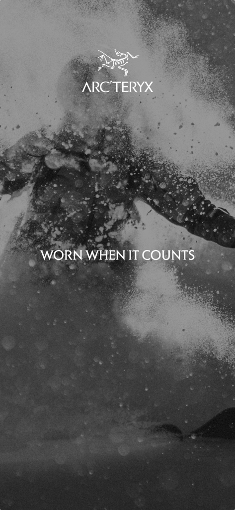 Arc'teryx app splash screen featuring a skier in the snow with the slogan Worn When It Counts