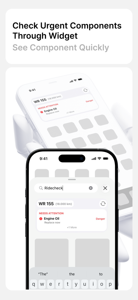 Widget de l'écran d'accueil RideCheck affichant des alertes de maintenance urgentes du véhicule comme l'état de l'huile moteur.