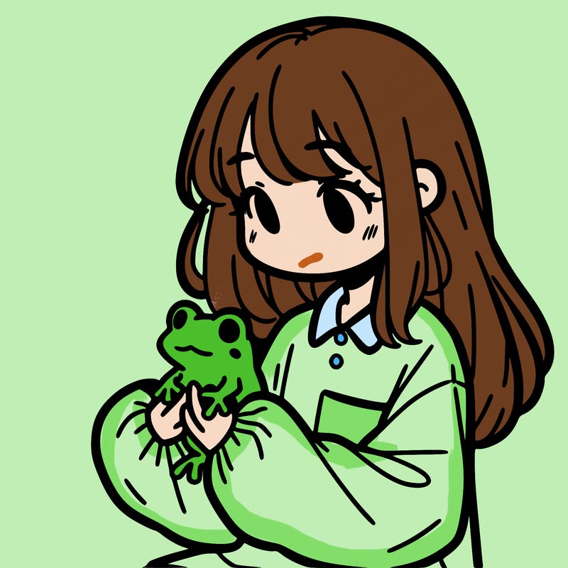 girl with long hair and a oversized shirt. and she is holding a frog