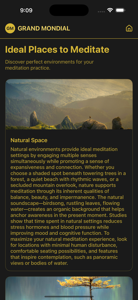 Grand Mondial Mobile - Grand Mondialアプリ画面、山などの自然空間での瞑想の利点を説明しています。