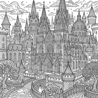 Step into a world of shadowed grandeur with this breathtaking Gothic Imperial Palace coloring template. Its towering spires and intricate details invite you to add your unique touch to this majestic, mysterious structure.