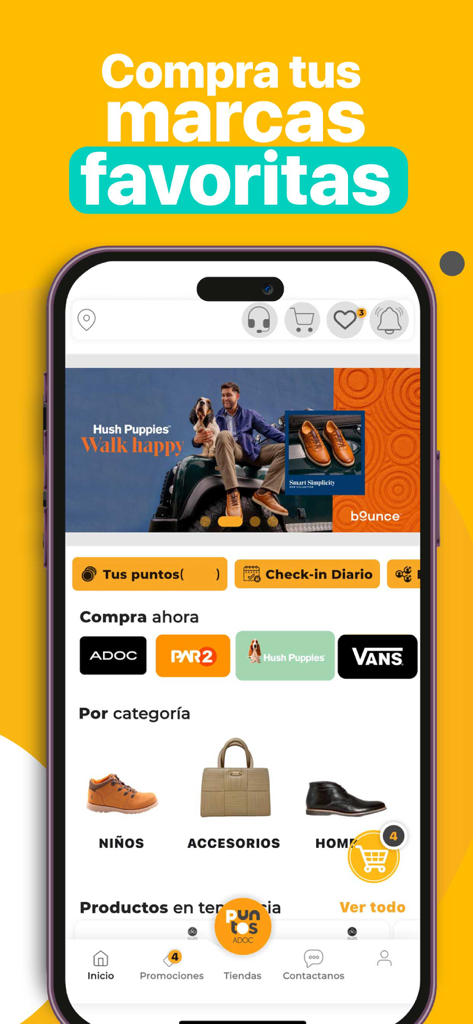Puntos ADOC - Home screen of the Puntos ADOC app displaying shoe categories and popular brands like Hush Puppies and Vans.
