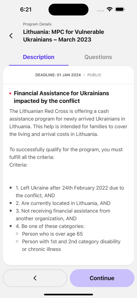 AccessRC app screen displaying eligibility criteria for a Red Cross financial assistance program in Lithuania