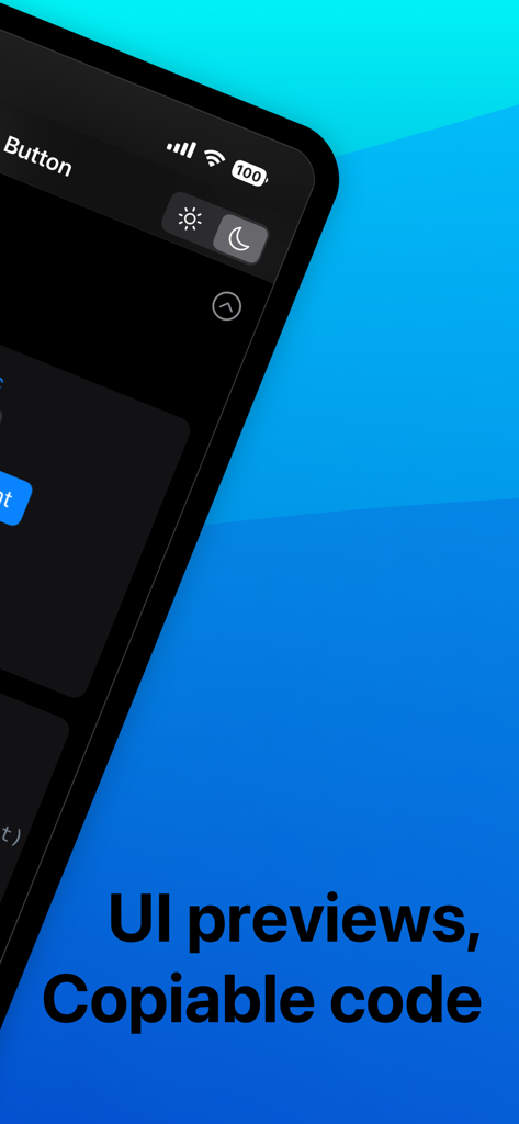 Swifter for SwiftUI interface showing UI previews and copyable code snippets for developers
