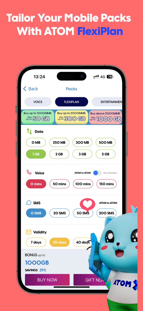 Interfaz de la aplicación ATOM Store FlexiPlan que permite a los usuarios personalizar paquetes de datos móviles y voz