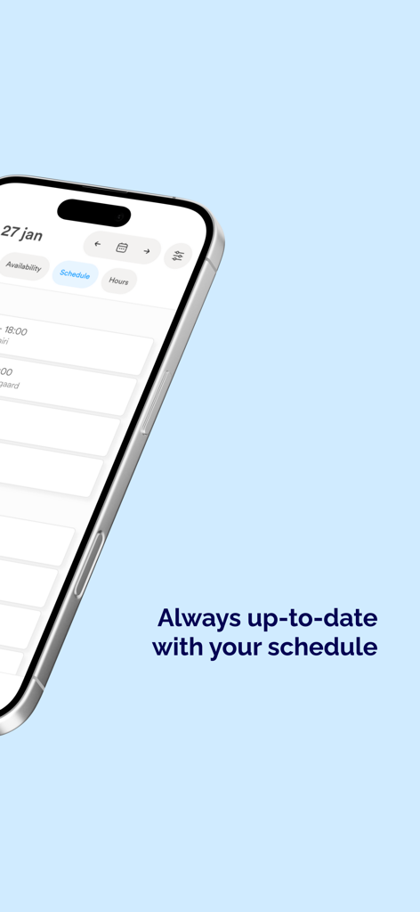 Eitje - Eitje app interface on a smartphone showing a work schedule with the text Always up-to-date with your schedule