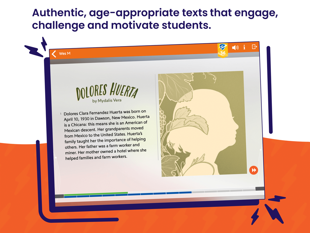 Lexia PowerUp - Lexia PowerUp interface showing an age-appropriate biography text about Dolores Huerta for middle and high school students