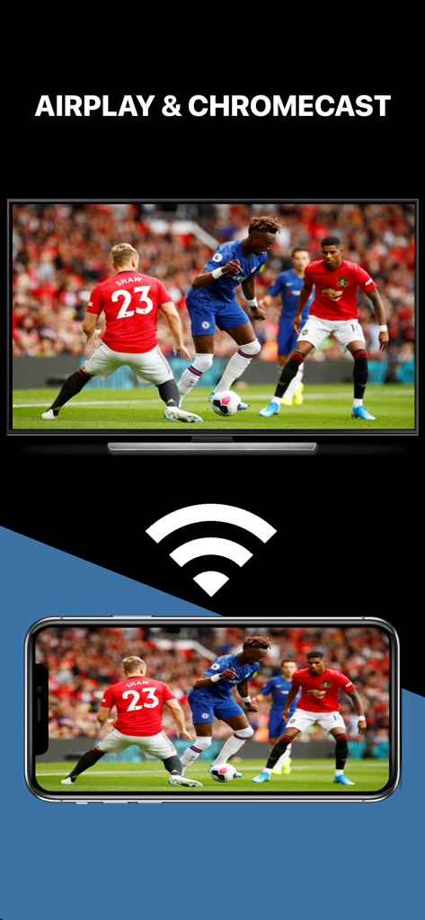 Mega IPTV - m3u Player - Mega IPTV app streaming a soccer match from a smartphone to a TV via AirPlay and Chromecast