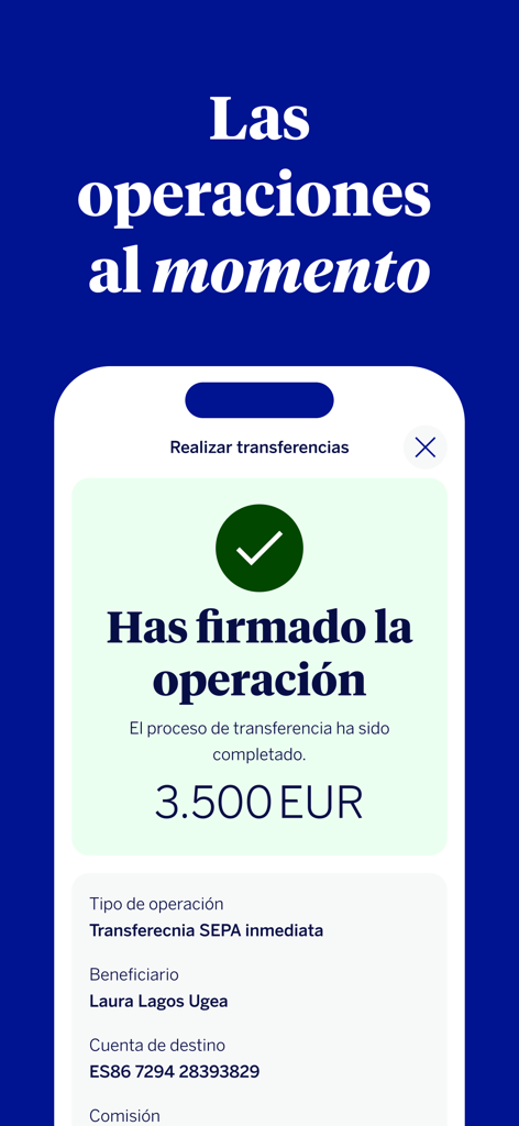 Una pantalla móvil que muestra una confirmación de transferencia bancaria exitosa en la aplicación BBVA Empresas.