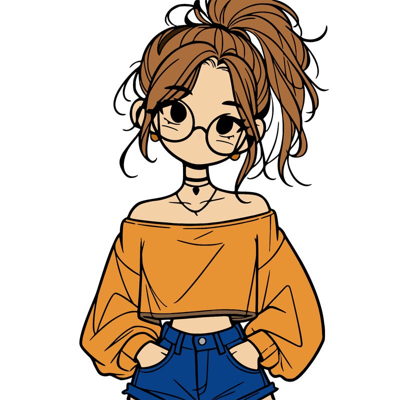 girl with a messy ponytail glasses a baggy crop top and jean shorts