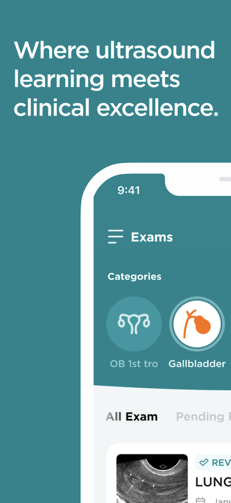 ScanHub by GUSI - ScanHub by GUSI ultrasound learning app interface with exam categories