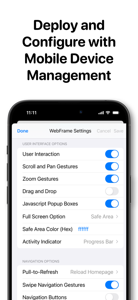 WebFrame Pro Kiosk settings screen for configuring mobile device management and user interface options on iPad