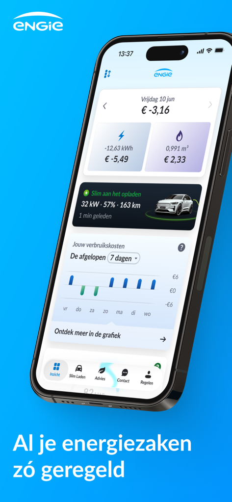 ENGIE Energie NL - ENGIE app dashboard showing energy consumption data and electric vehicle charging status